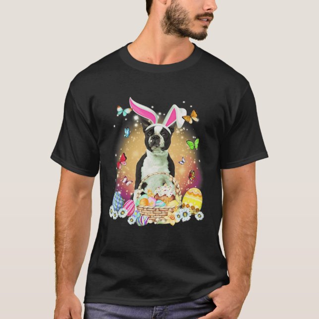 Black Boston Terrier Dog Bunny Easter Eggs Basket  T Shirt (Framsida)