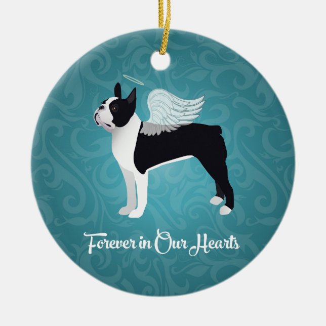Black Boston Terrier Hund Angel Pet Memorial Julgransprydnad Keramik (Framsidan)