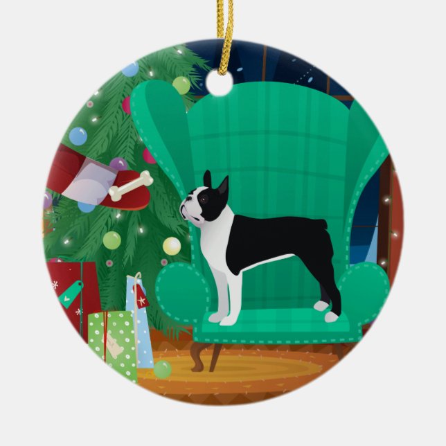 Black Boston Terrier och Santa's Gift Julgransprydnad Keramik (Framsidan)