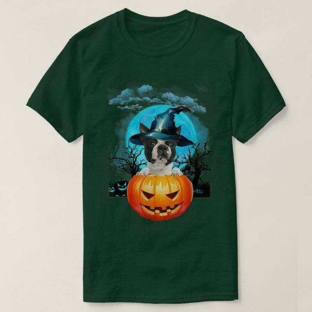Black Boston Terrier Witch Pumpkin And Blue Moon 1 T Shirt (Design framsida)