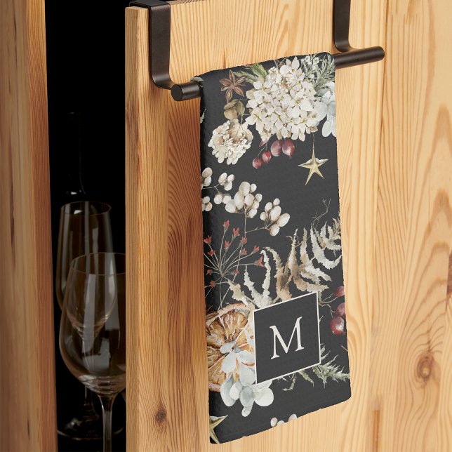 Black Botanical Helgdag Kökshandduk (Monogrammed Black Boho Botanical Holiday Kitchen Towel
)