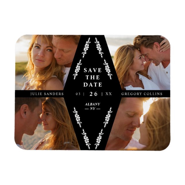 Black Botanical Modern Collage 4 Photos Wedding Magnet (Horisontell)