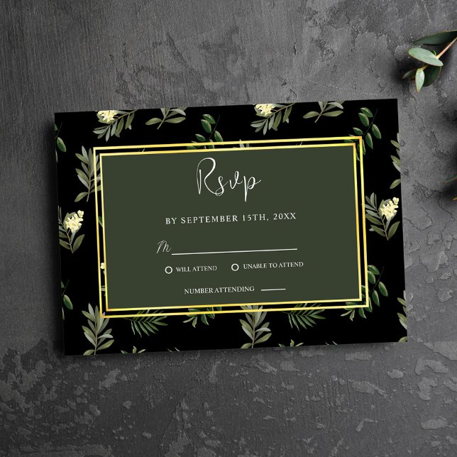 Black Botanical Modern Rustic Elegant bröllop OSA Kort (Black Botanical Modern Rustic Elegant Wedding RSVP Card)