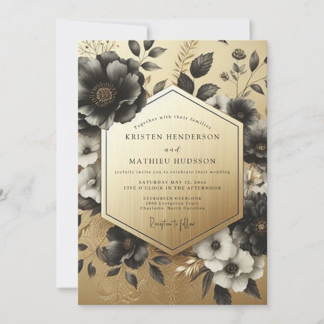 Black Botanical Opulent Wedding Inbjudningar (Framsida)