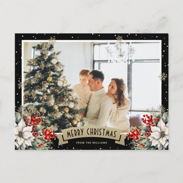 Black Botanical Snowflake Photo Christmas Helg Vykort (Framsida)