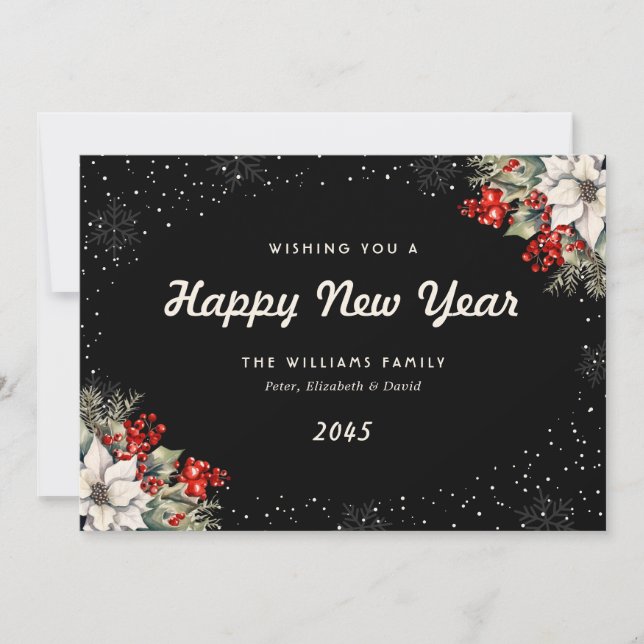 Black Botanical Snowflakes New Year Card Julkort (Framsida)