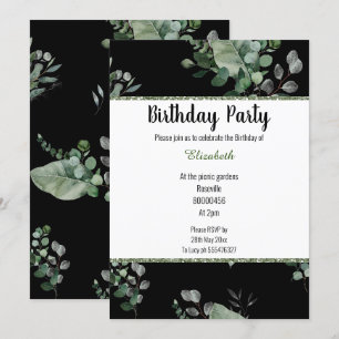 BLACK BOTANICAL VÅR THEME BIRTHDAY INVICATION INBJUDNINGAR