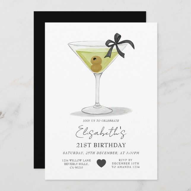 Black Bow A tiny bit older Olive Martini Birthday Inbjudningar (Fram/baksida)