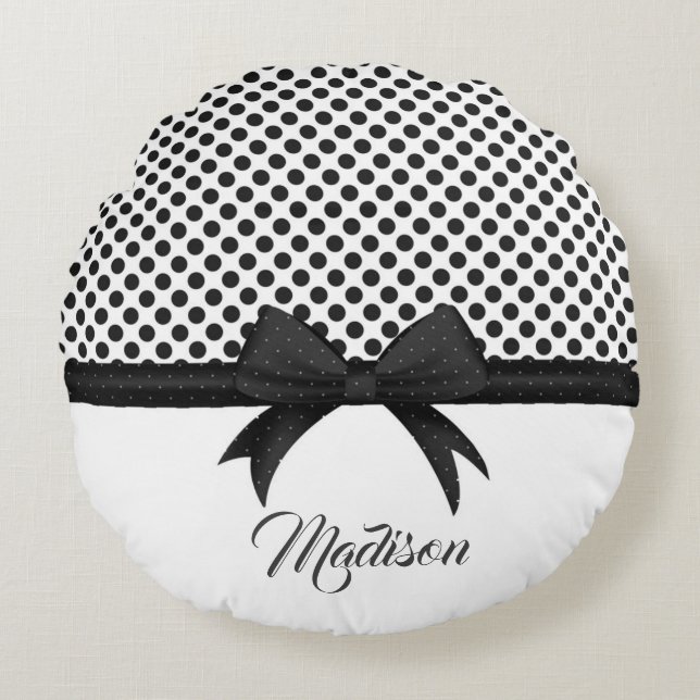 Black Bow and Dots Mönster Rund Kudde (Framsidan)