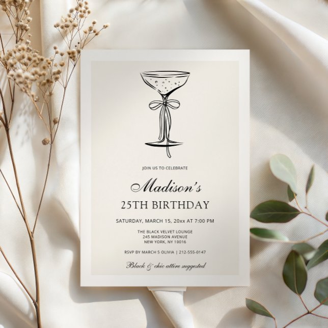 Black Bow Champagne Coupe Birthday Invitation Inbjudningar (Skapare uppladdad)