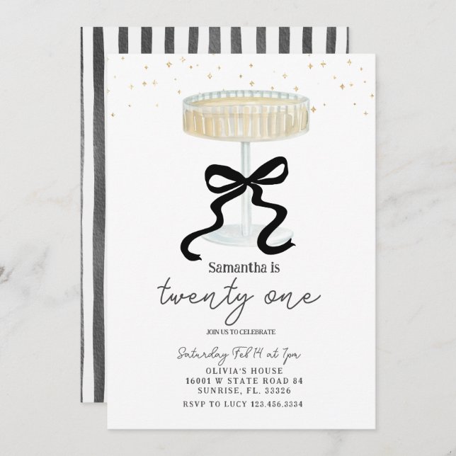 Black Bow Champagne Glass Party Invite Inbjudningar (Fram/baksida)