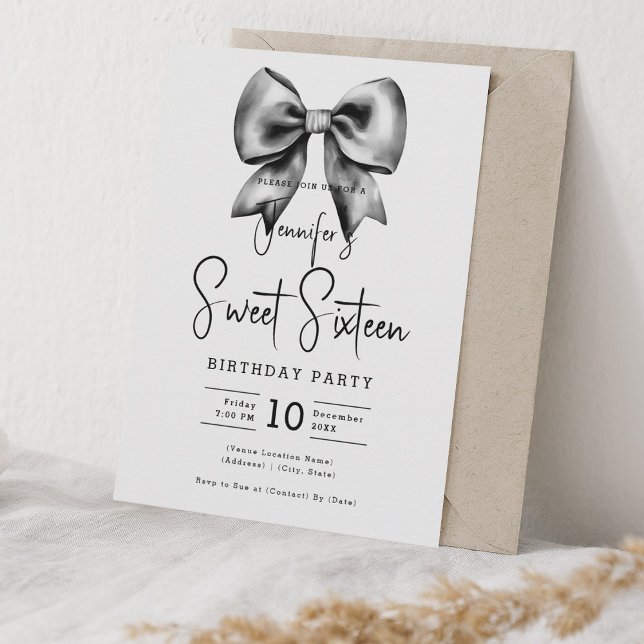 Black Bow Coquette Cute Script Sweet 16 Inbjudningar (Black Bow Coquette Cute Script Sweet 16 Invitation)