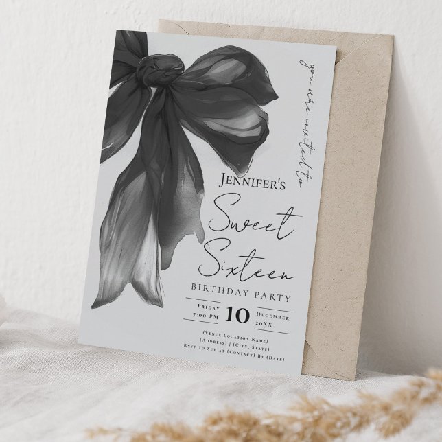 Black Bow Coquette Script Sweet 16 Party Gray  Inbjudningar (Black Bow Coquette Script Sweet 16 Party Gray Invitation)