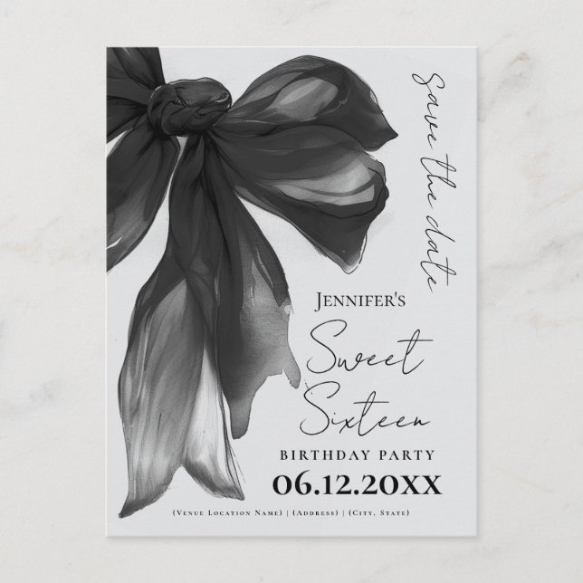 Black Bow Coquette Sweet 16 Save the Date Grey Vykort (Framsida)