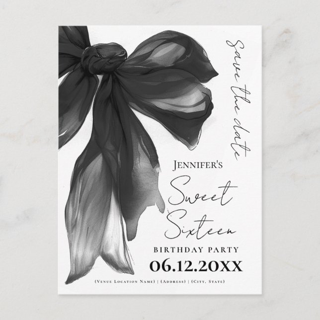 Black Bow Coquette Sweet 16 Save the Date Vykort (Framsida)