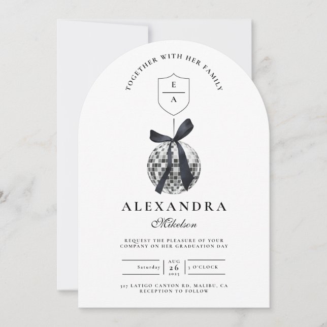 Black Bow Disco Boll Studentfest Inbjudningar (Framsida)