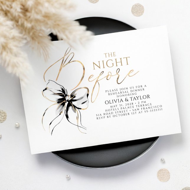Black Bow Elegant Modern Chic Rehearsal Dinner Inbjudningar (The Night Before Rehearsal Dinner Invitation with Black Bow)