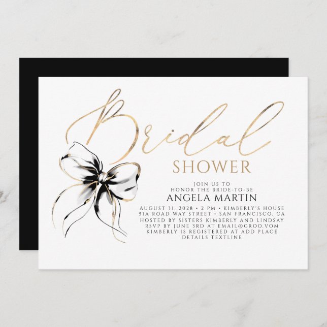 Black Bow Elegant Romantic Modern Bridal Shower Inbjudningar (Fram/baksida)