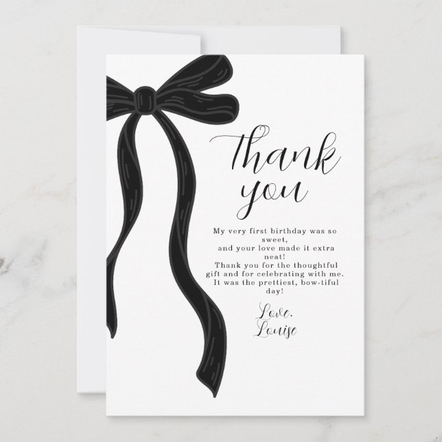 Black Bow First Birthday Coquette Thank You Card Tack Kort (Framsida)