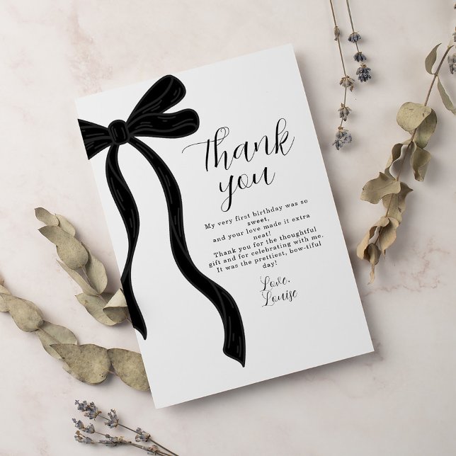 Black Bow First Birthday Coquette Thank You Card Tack Kort (Skapare uppladdad)