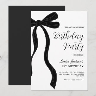 Black Bow First Birthday Party Invitation Inbjudningar