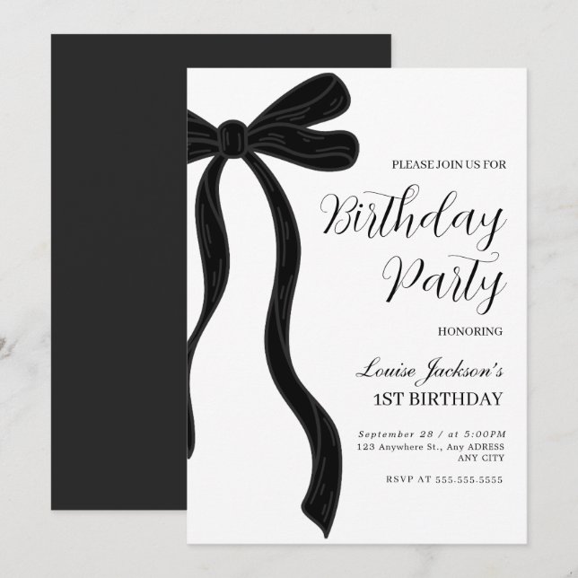 Black Bow First Birthday Party Invitation Inbjudningar (Fram/baksida)