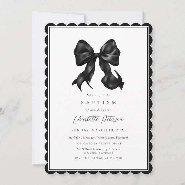 Black Bow Girl Baptism Invitation Inbjudningar (Framsida)