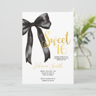Black Bow Gold Sweet Sixteen Girl Birthday Party Inbjudningar