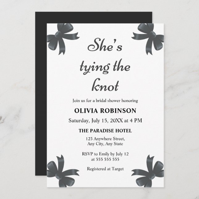 Black Bow Hon är Gifter sig Möhippa Inbjudningar (Fram/baksida)