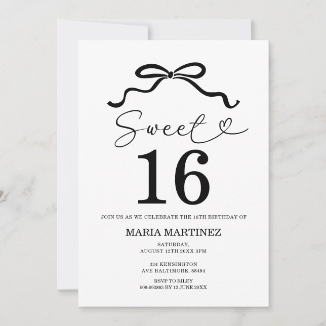 Black Bow Modern Minimalist Sweet 16 födelsedagar Inbjudningar (Framsida)