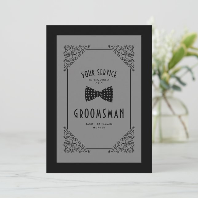Black Bow Tie Groomsman Vintage Flourish Proposal (Stående Fram)