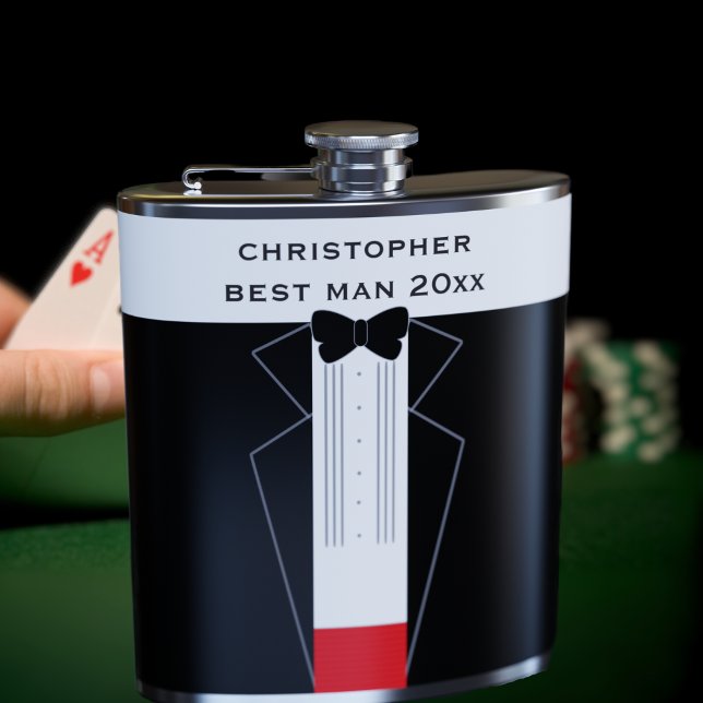 Black Bow Tie Tuxedo Best Man-Marskalkar, kolv Fickplunta (Fun tuxedo flask for your groomsmen. Just add their name and year)