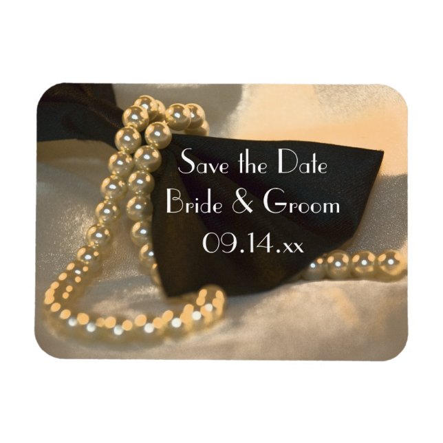 Black Bow Tie White Pearls Bröllop spara datum Magnet (Horisontell)
