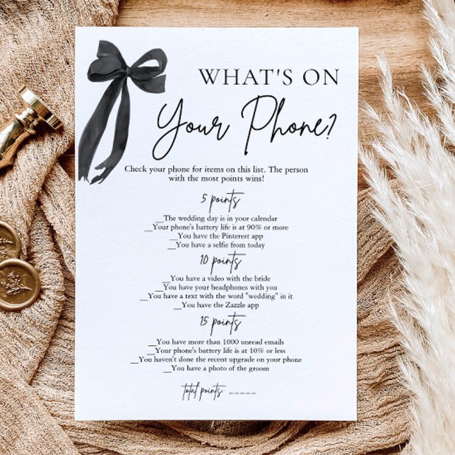 Black Bow Vad Har Du På Din Telefon Bröllopsfest L Inbjudningar (Black Bow What's On Your Phone Bridal Shower Game)
