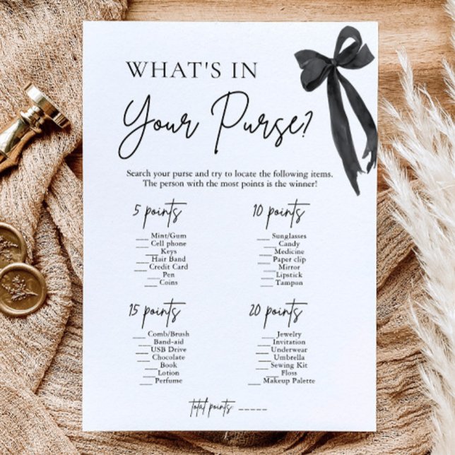 Black Bow What's In Your Purse Bröllopsduschspel Inbjudningar (Black Bow What's In Your Purse Bridal Shower Game)