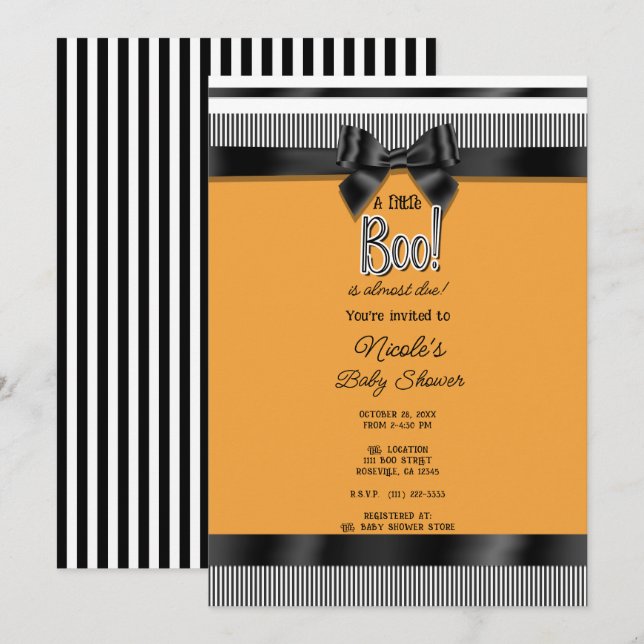 Black Bow White Orange Halloween Baby Shower Inbjudningar (Fram/baksida)