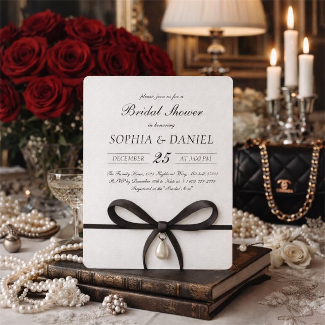 Black Bow With Pearl Old Money Style Bridal Shower Inbjudningar (Black Bow With Pearl Old Money Style Bridal Shower Invitation!)