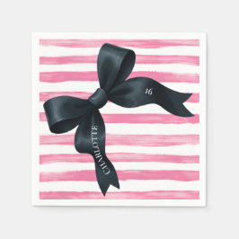 Black Bow with Pink White Stripe Birthday Cocktail Pappersservett