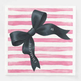 Black Bow with Pink White Stripe Birthday Pappersservett