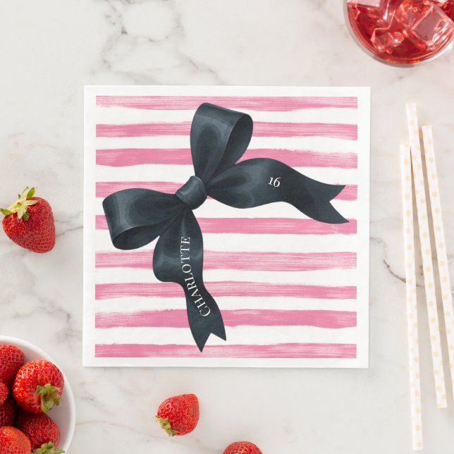 Black Bow with Pink White Stripe Birthday Pappersservett (Insitu)