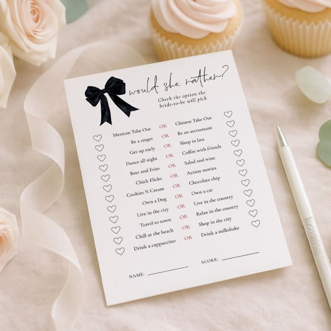Black Bow Would She Rather Bridal Shower Game Card Inbjudningar (Skapare uppladdad)