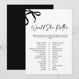 Black Bow Would She Rather Bridal Shower Game Inbjudningar
