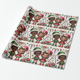 Black Boy and Girl Elves God Jul Wrapping Papper Presentpapper