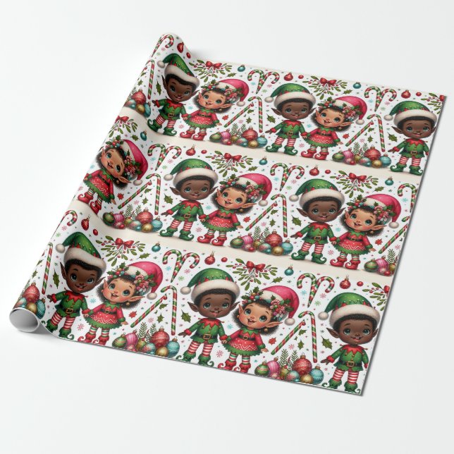 Black Boy and Girl Elves God Jul Wrapping Papper Presentpapper (Utrullad)