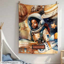 Black Boy Astronaut Blanket Watercolor Space Gift Fleecefilt