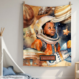 Black Boy Astronaut Room Decor Watercolor Blanket Fleecefilt
