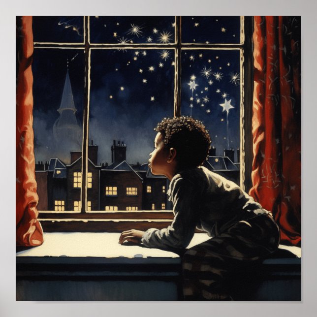 Black Boy Gazing vid jul Kväll City Ljus Poster (Framsidan)