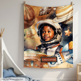 Black Boys’ Rocket Blanket Watercolor Bedroom Gift Fleecefilt