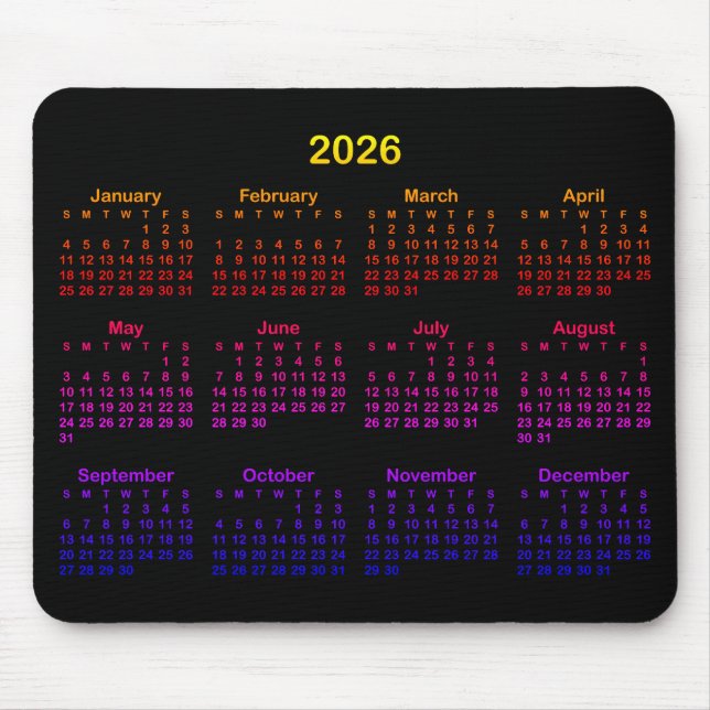 Black Bright Rainbow Gradient 2026 Calendar Musmatta (Framsidan)