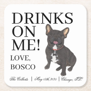 Black Brindle Frenchie Fransk Bulldog Bröllop Underlägg Papper Kvadrat